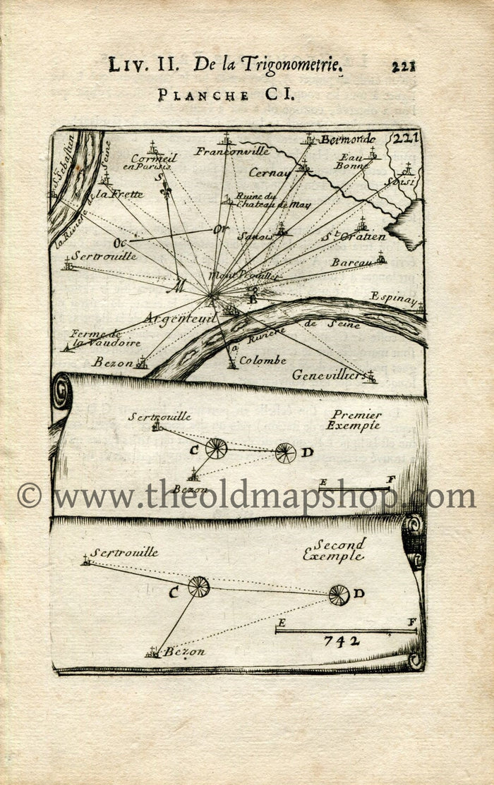 1702 Manesson Mallet Antique Map, Print, Engraving - Argenteuil, Colombes, Paris, River Seine, France - No.101