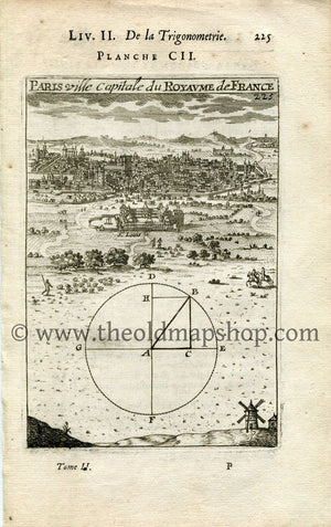 Rare 1702 Manesson Mallet Antique Map, Print, Engraving - Perspective, Bird's-eye View, Paris, France - No.102