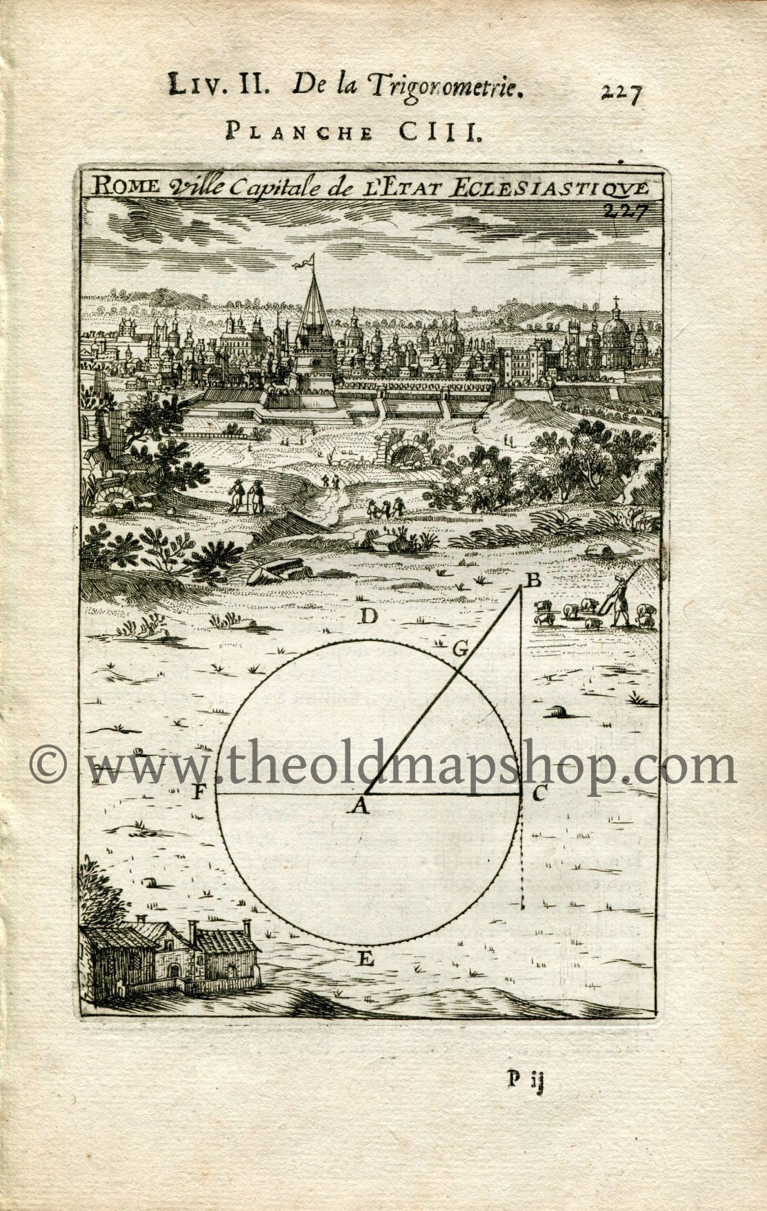Rare 1702 Manesson Mallet Antique Map, Print, Engraving - Perspective, Bird's-eye View, Rome, Italy - No.103