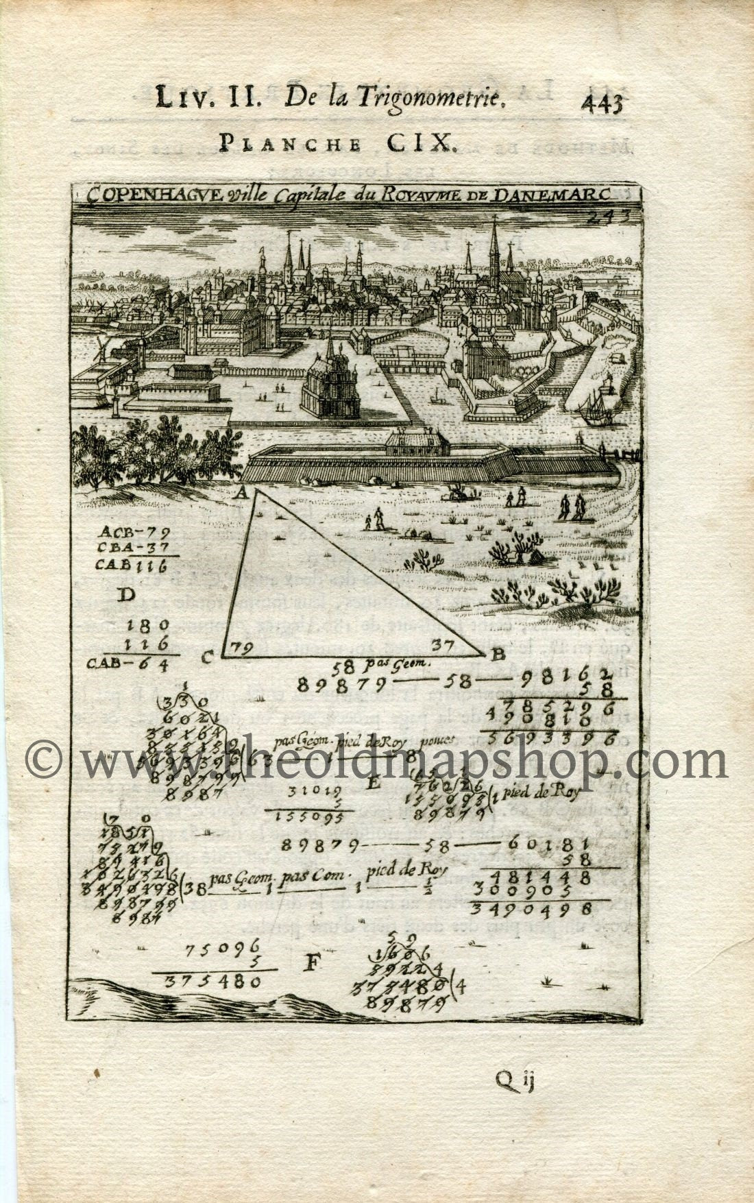 Rare 1702 Manesson Mallet Antique Map, Print, Engraving - Perspective, Bird's-eye View, Copenhagen, Denmark- No.109