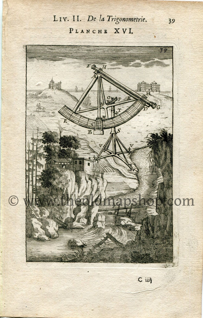 1702 Manesson Mallet Antique Print, Engraving - Surveying Graphometer, Surveyors, Trigonometry, Geometry - No.16