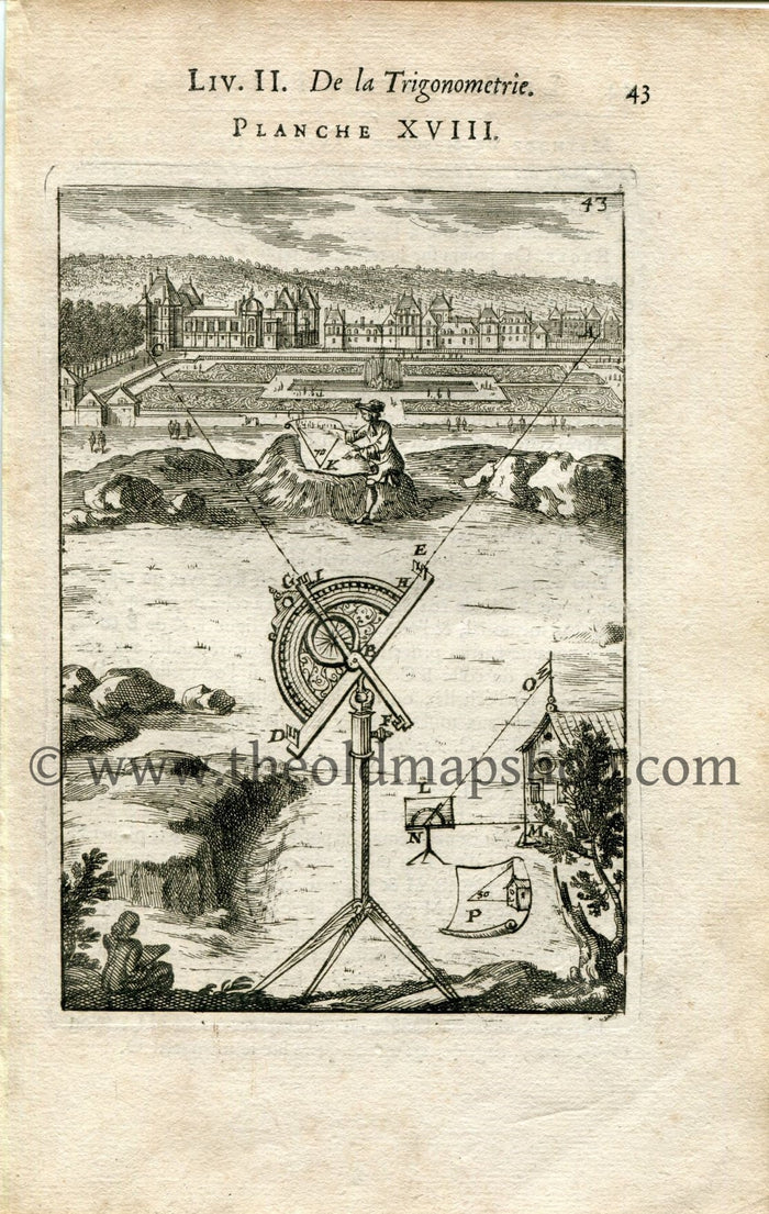 1702 Manesson Mallet Antique Print, Engraving - Surveying Graphometer, Surveyors, Surveyor, Chateau, Trigonometry, Geometry - No.18