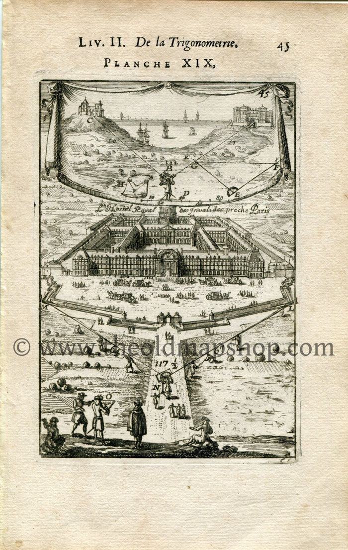 1702 Manesson Mallet Antique Print, Engraving - Les Invalides, Hôtel National des Invalides, Paris, France, Surveying Graphometer - No.19