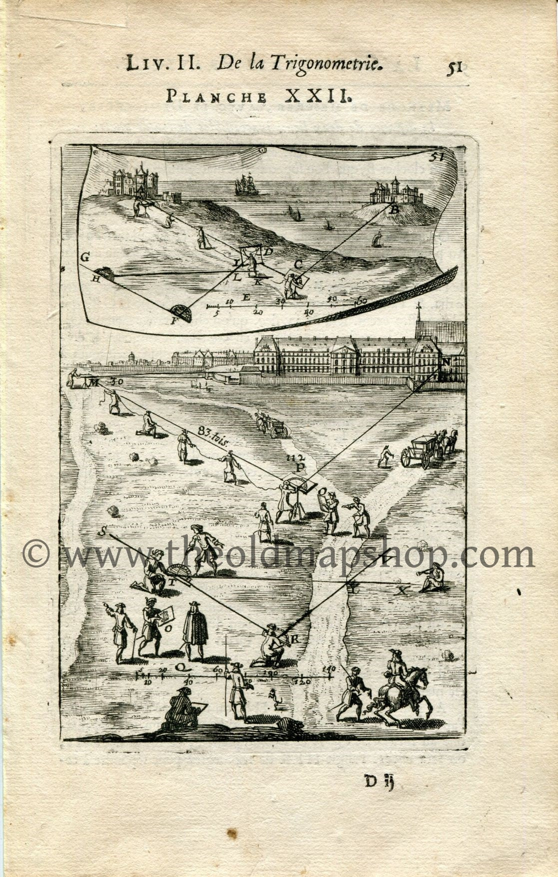 1702 Manesson Mallet Antique Print, Engraving - Surveyors, Surveying, Graphometer, Chateau, Trigonometry, Geometry - No.22 - The Old Map Shop