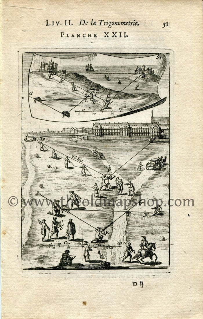 1702 Manesson Mallet Antique Print, Engraving - Surveyors, Surveying, Graphometer, Chateau, Trigonometry, Geometry - No.22