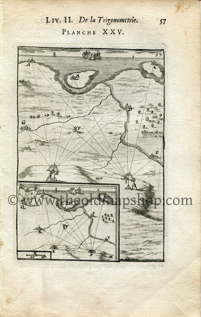 1702 Manesson Mallet Antique Print, Engraving - Surveyors, Surveying, Graphometer, Trigonometry, Geometry - No.25