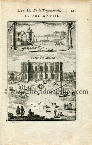 1702 Manesson Mallet Antique Print, Engraving - Observatoire de Paris, Observatory, France, Surveyors, Surveying Graphometer - No.28 - The Old Map Shop
