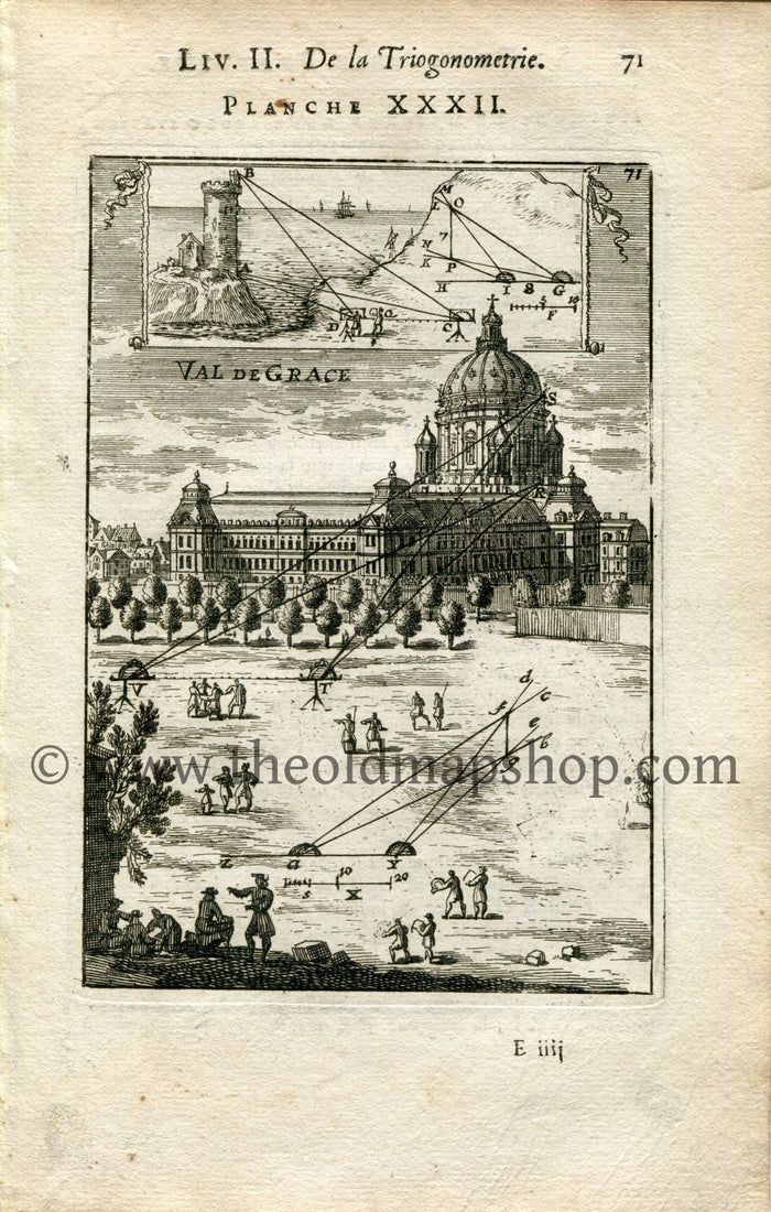 1702 Manesson Mallet Antique Print, Engraving - Church of the Val-de-Grâce Hospital, Paris, France, Surveyors, Surveying Graphometer - No.32