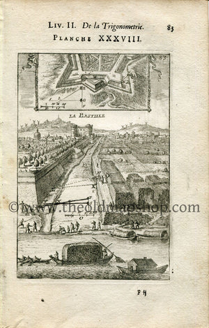 1702 Manesson Mallet Antique Print, Map, Engraving - La Bastille, The Bastille, Prison, Fort, Fortress, Paris France - No.38