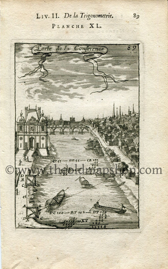 1702 Manesson Mallet Antique Print, Map, Engraving - Porte de la Conférence, Door, River Seine, Paris France - No.40