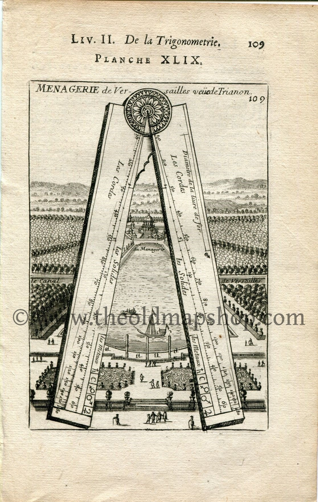1702 Manesson Mallet Antique Print, Engraving - Menagerie de Versailles vue de Trianon, Garden, Gardens of Versailles, Paris, France - No.49