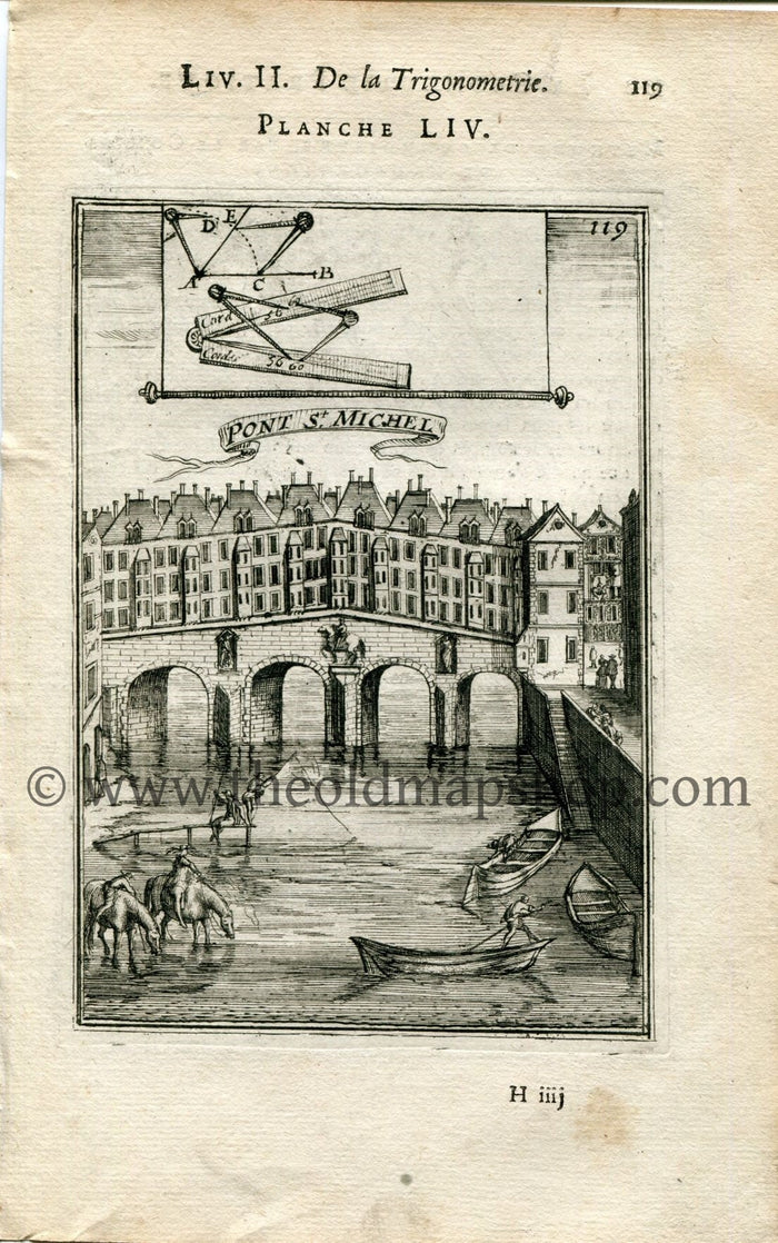 1702 Manesson Mallet Antique Print, Engraving - Pont Saint-Michel, River Seine Bridge, Paris, France - No.54