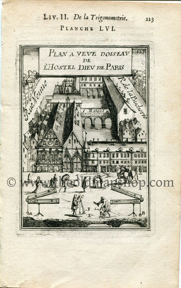 1702 Manesson Mallet Antique Print, Map, Engraving - Hôtel-Dieu de Paris, Hospital, France - No.56