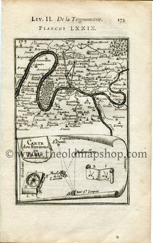 1702 Manesson Mallet Antique Map, Print, Engraving - Carte des Environs de Paris, River Seine, France - No.79