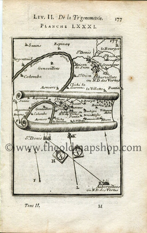 1702 Manesson Mallet Antique Map, Print, Engraving - Saint-Denis, Argenteuil, Colombes, Paris, River Seine France - No.81