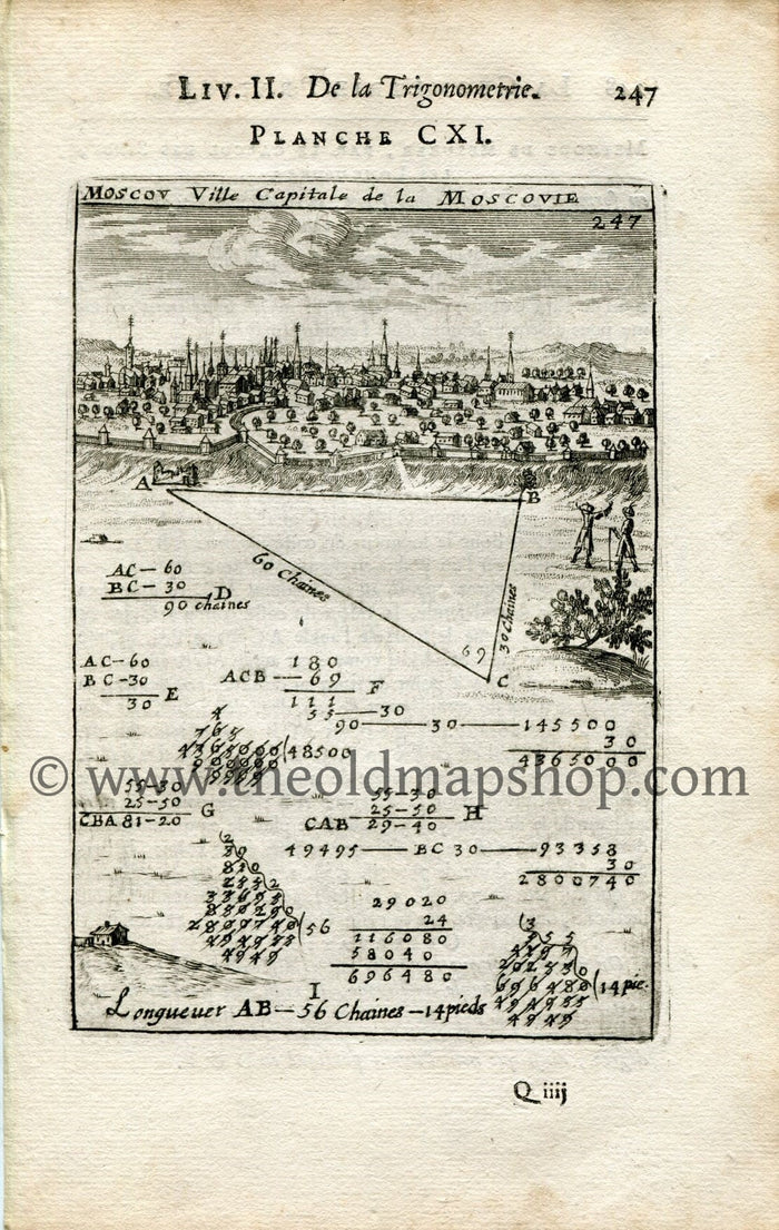 Rare 1702 Manesson Mallet Antique Map, Print, Engraving - Perspective, Bird's-eye View, Moscow, Russia - No.111