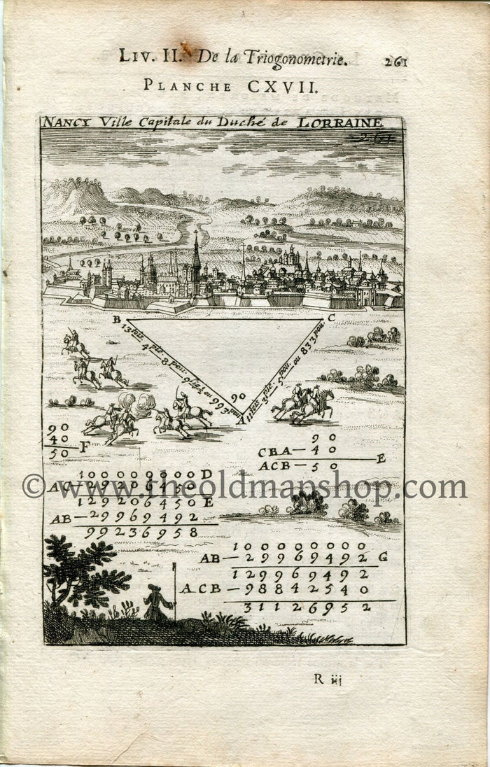 Rare 1702 Manesson Mallet Antique Map, Print, Engraving - Perspective, Bird's-eye View, Nancy, Meurthe-et-Moselle, France - No.117