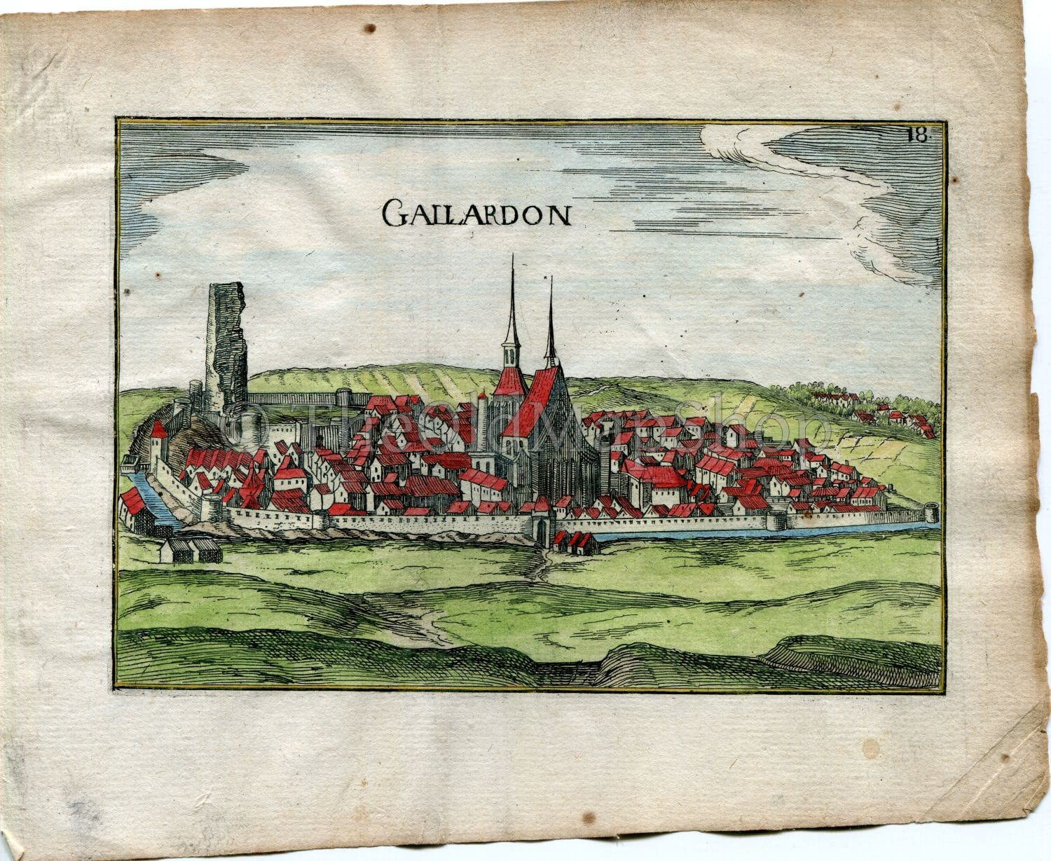 1634 Nicolas Tassin Antique Print, View Gallardon, Eure-et-Loir, France Carte, Map