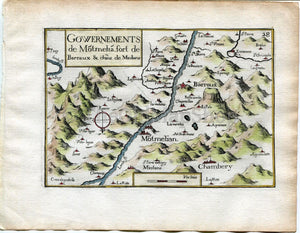 1634 Nicolas Tassin Antique Map Montmelian, Fort Barraux, Chambery, Miolans, Pontcharra, La Buissiere, Le Cheylas, La Rochette, France Carte