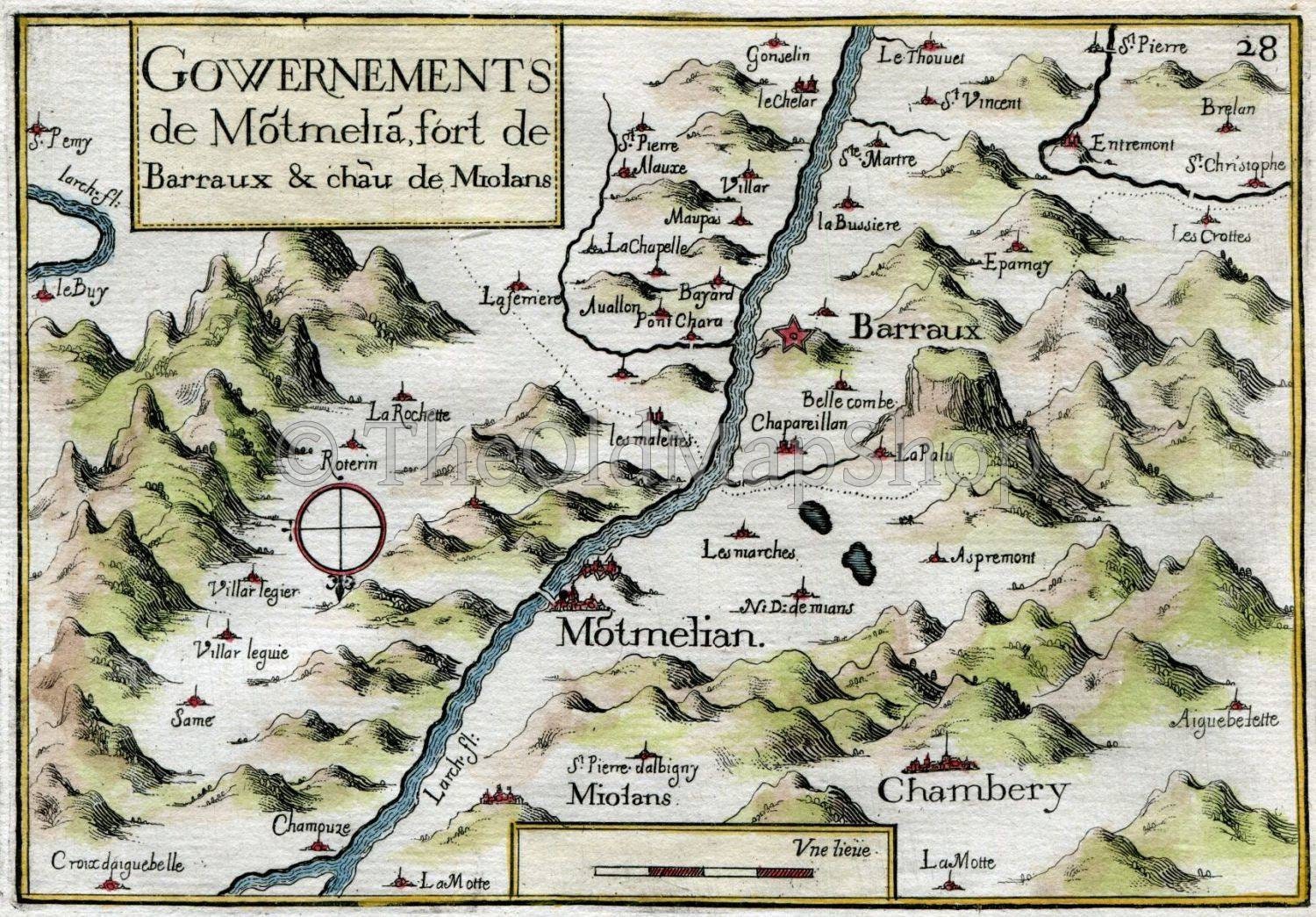 1634 Nicolas Tassin Antique Map Montmelian, Fort Barraux, Chambery, Miolans, Pontcharra, La Buissiere, Le Cheylas, La Rochette, France Carte
