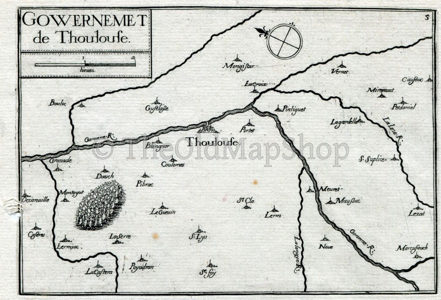 1634 Nicolas Tassin Antique Map, Toulouse, Mauzac, Noe, Lherm, Portet, Grenade, Bouloc, Haute-Garonne, France Carte, Print