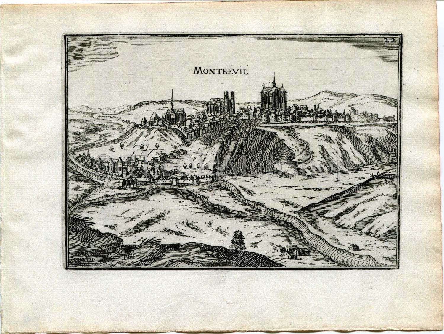 1634 Nicolas Tassin Antique Print, View, Montreuil, Montreuil-sur-Mer, The Old Map