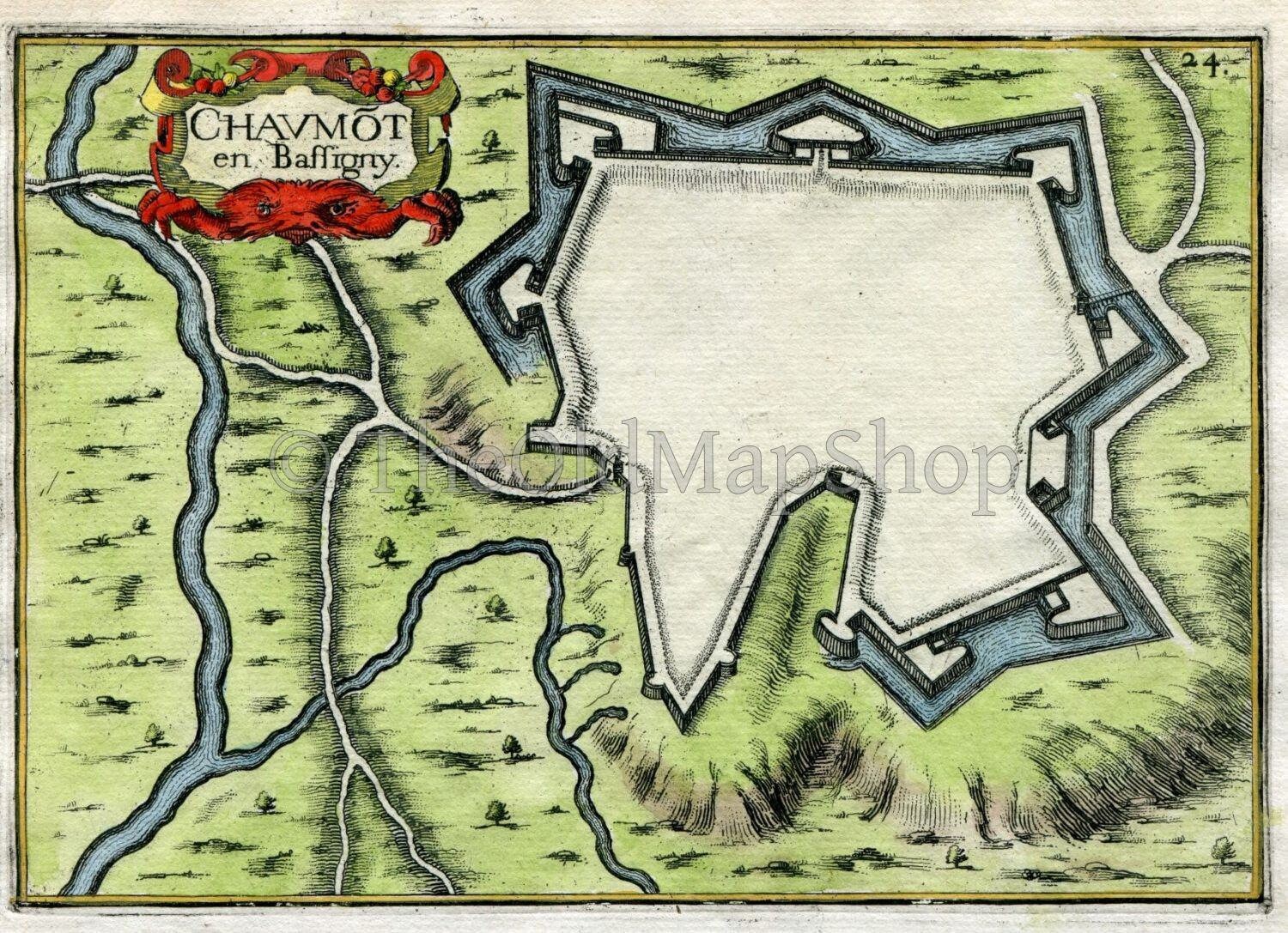 1634 Nicolas Tassin Antique Map Chaumont, Fort, Fortified Town Plan, Haute-Marne, France Carte, Print