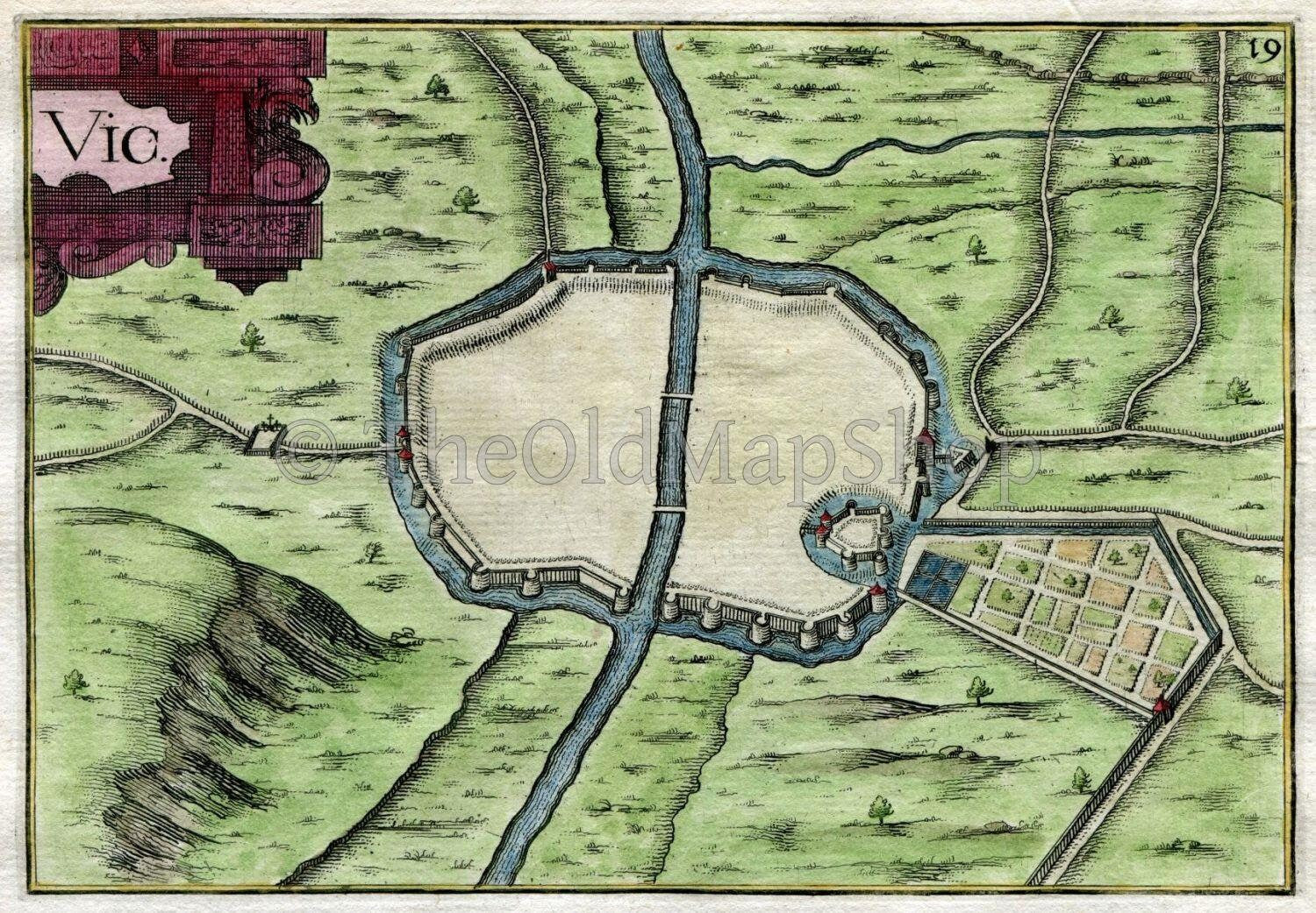 1634 Nicolas Tassin Antique Map Vic-sur-Seille, Fort, Fortified Town Plan, Moselle, France Carte, Print