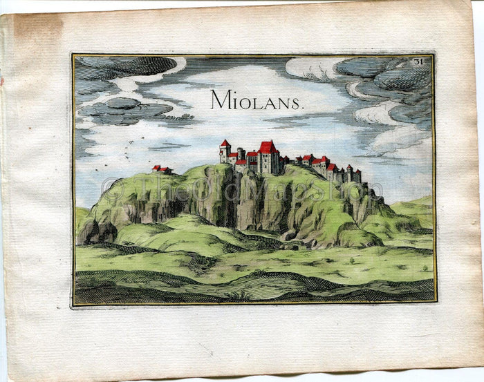 1634 Nicolas Tassin Antique Print, Bird's-eye View Fortress of Miolans, Château de Miolans, Savoy, France Carte, Map