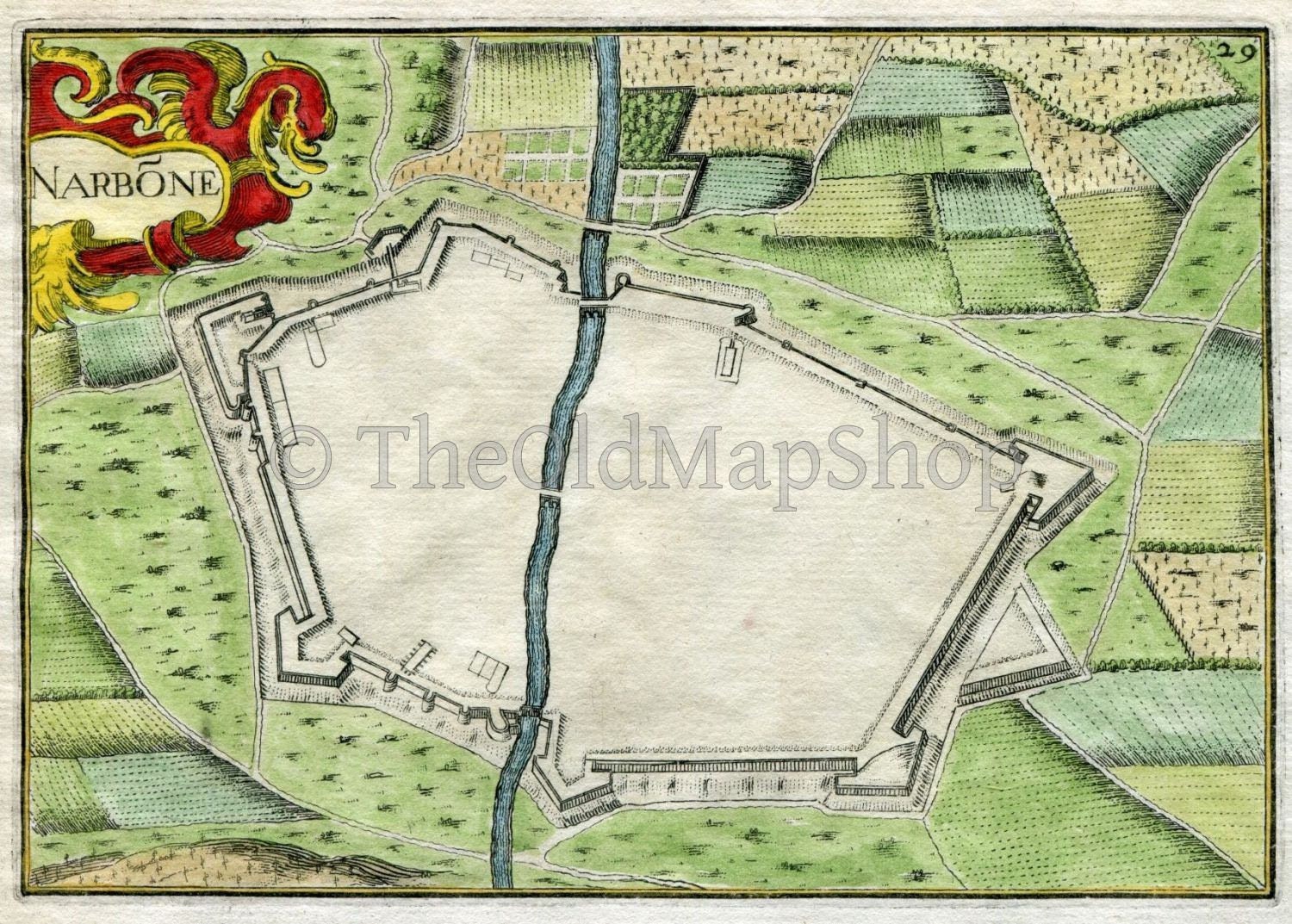 1634 Nicolas Tassin Antique Map Narbonne, Fort, Fortified Town Plan, Aude, France Carte, Print
