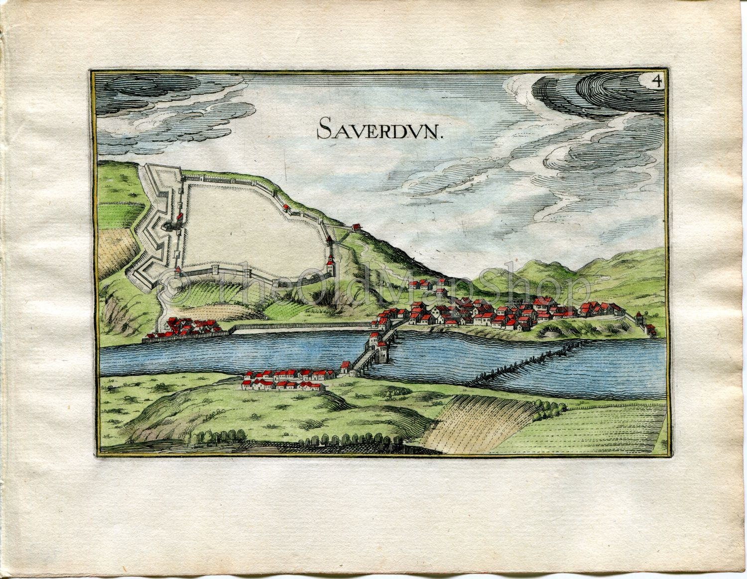 1634 Nicolas Tassin Antique Print, Bird's-eye View Saverdun, Ariege, France Carte, Map