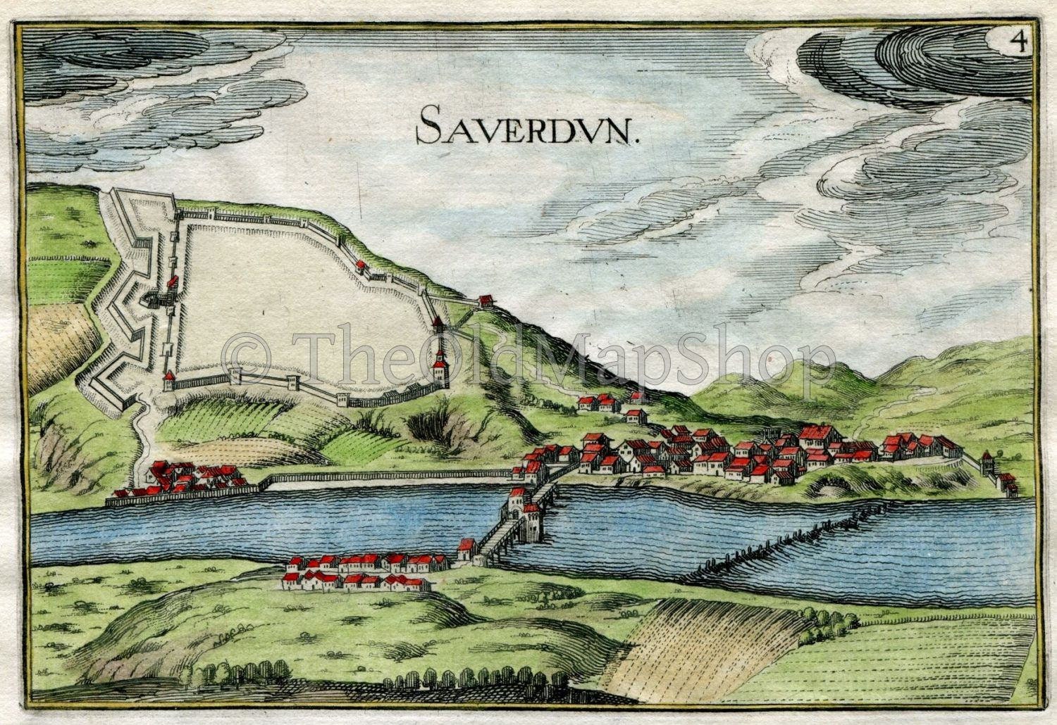 1634 Nicolas Tassin Antique Print, Bird's-eye View Saverdun, Ariege, France Carte, Map