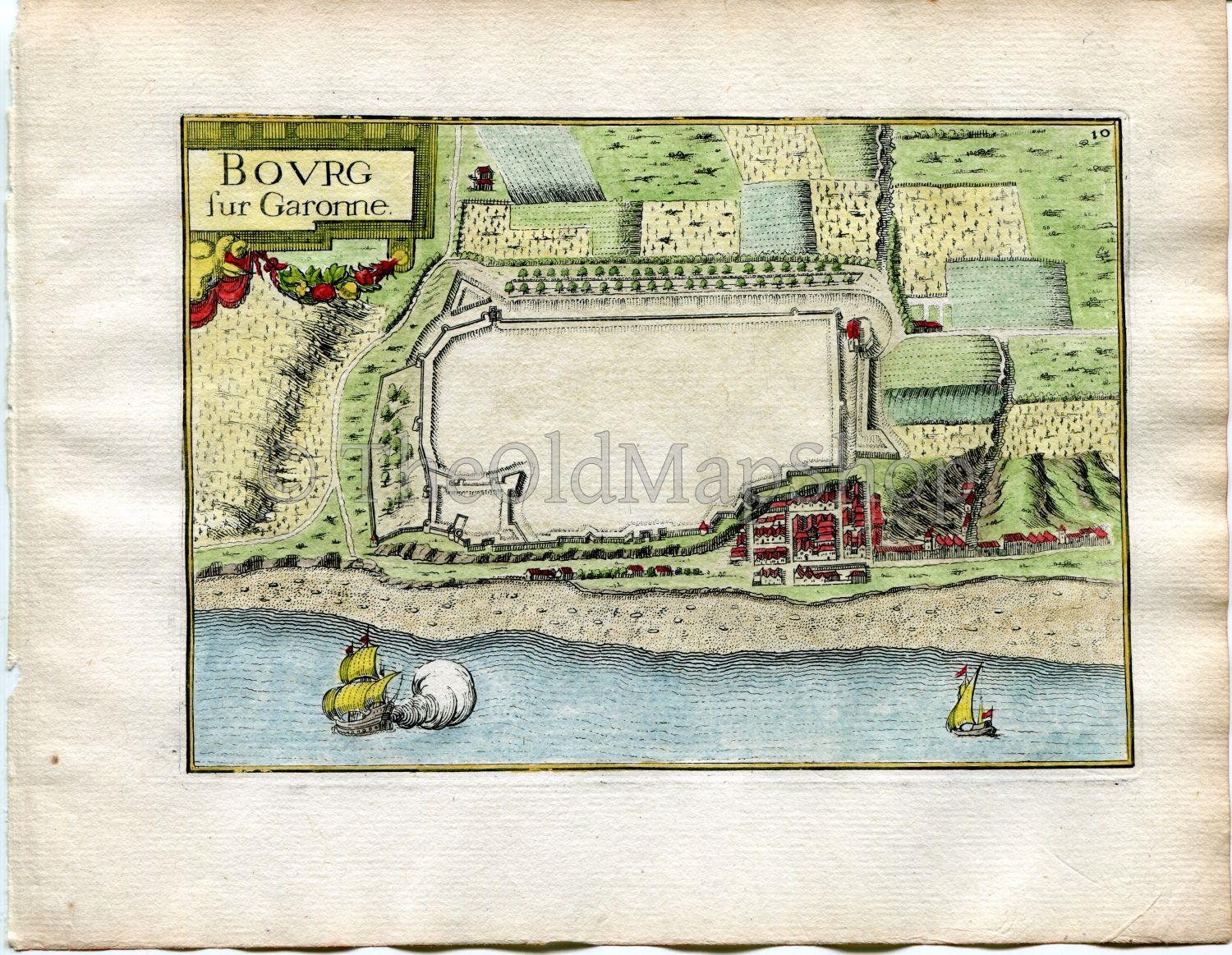 1634 Nicolas Tassin Antique Map Bourg-sur-Gironde, Fort, Fortified Town Plan, Gironde, Nouvelle-Aquitaine, France Carte, Print