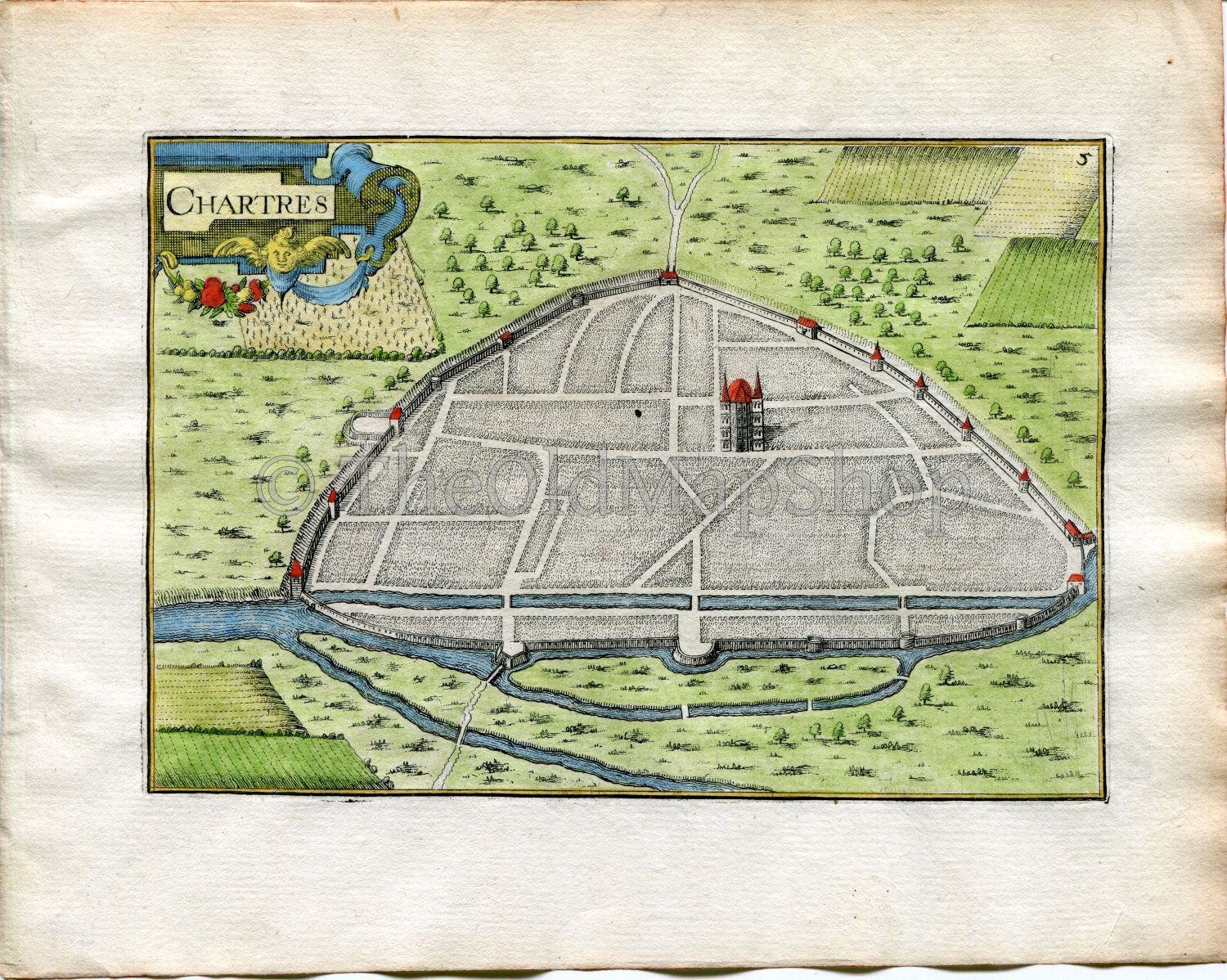 1634 Nicolas Tassin Antique Map Chartres, Fort, Fortified Town Plan, Eure-et-Loir, France Carte, Print