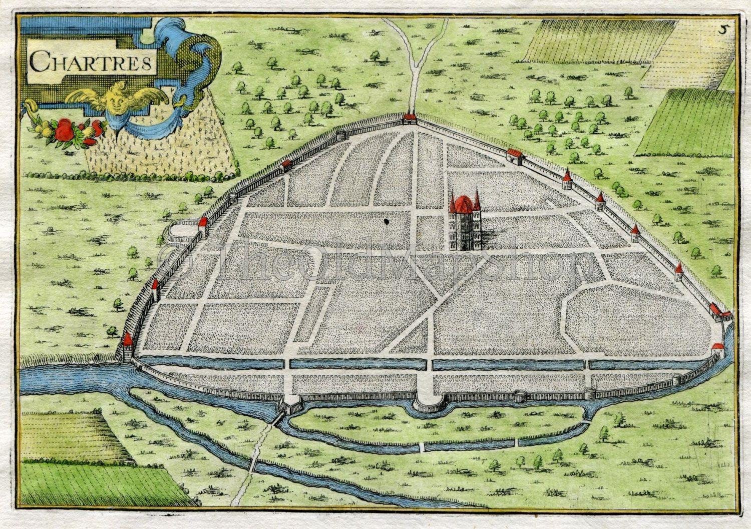 1634 Nicolas Tassin Antique Map Chartres, Fort, Fortified Town Plan, Eure-et-Loir, France Carte, Print