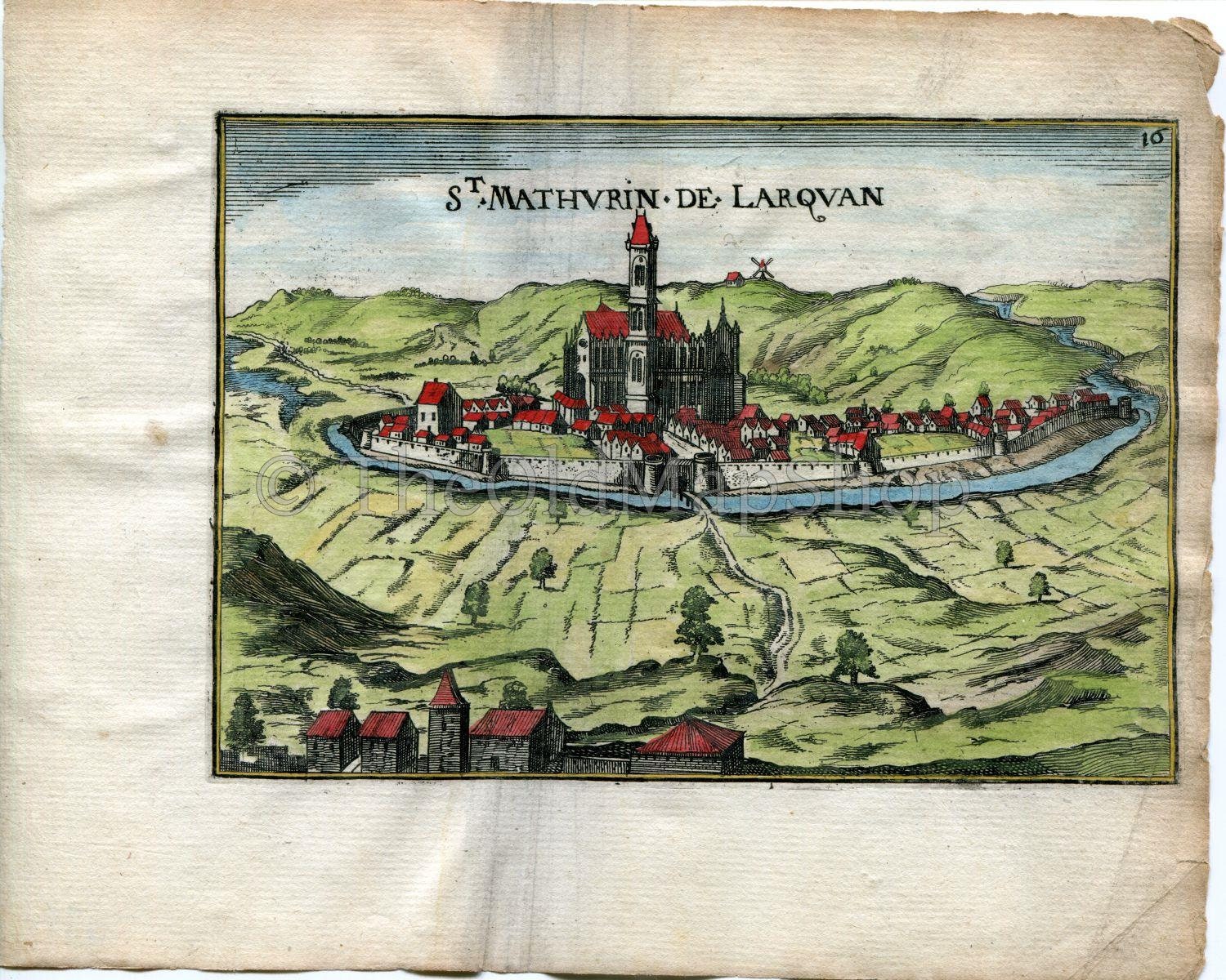 1634 Nicolas Tassin Antique Print, Bird's-eye View The basilica of Saint Mathurin in Larchant, Seine-et-Marne, France Carte, Map