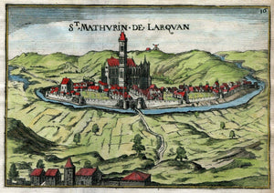 1634 Nicolas Tassin Antique Print, Bird's-eye View The basilica of Saint Mathurin in Larchant, Seine-et-Marne, France Carte, Map