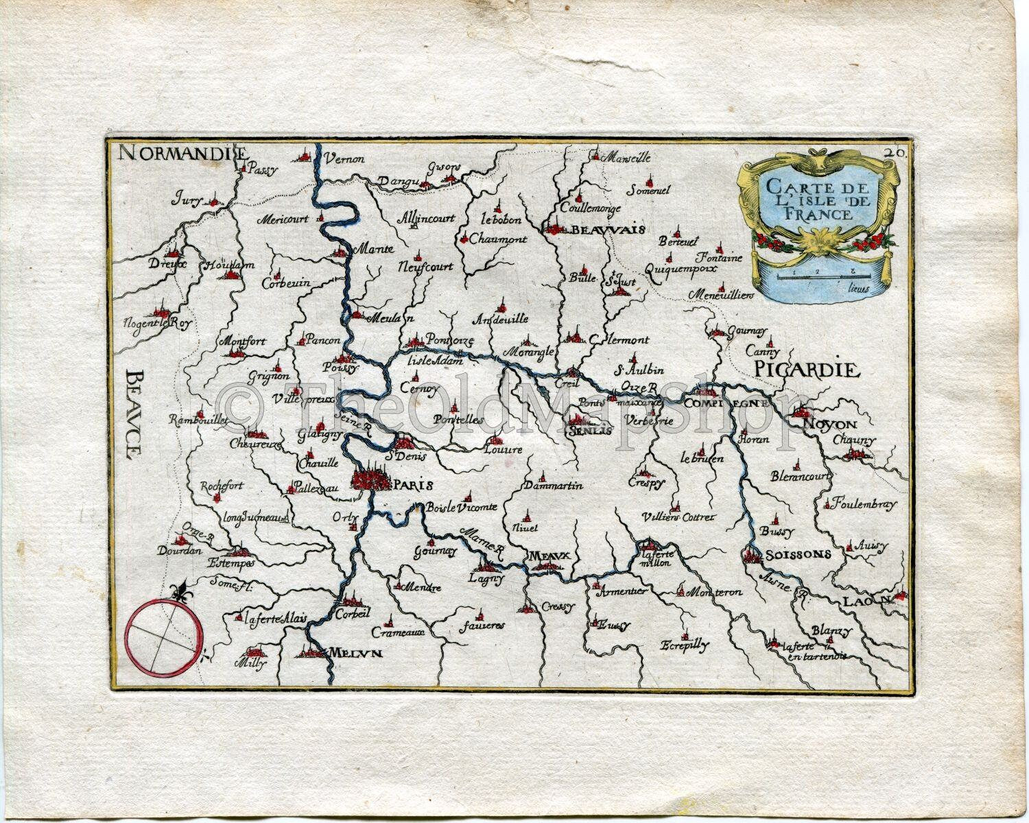 1634 Nicolas Tassin Antique Map Paris, Carte de L'Isle de France, Melun, Compiegne, Noyon, Senlis, Soissons, Beauvais, Creil, Print