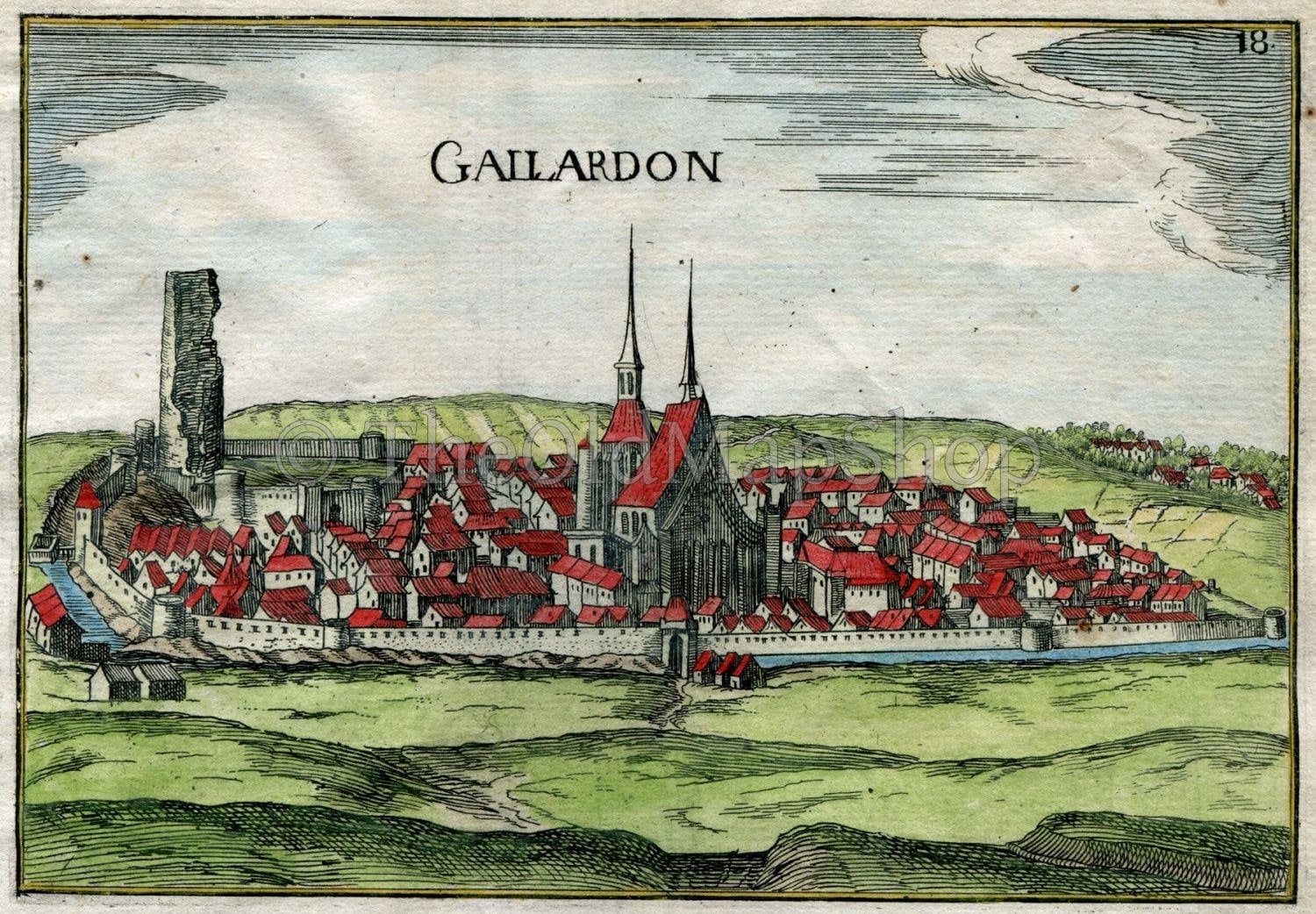 1634 Nicolas Tassin Antique Print, View Gallardon, Eure-et-Loir, France Carte, Map