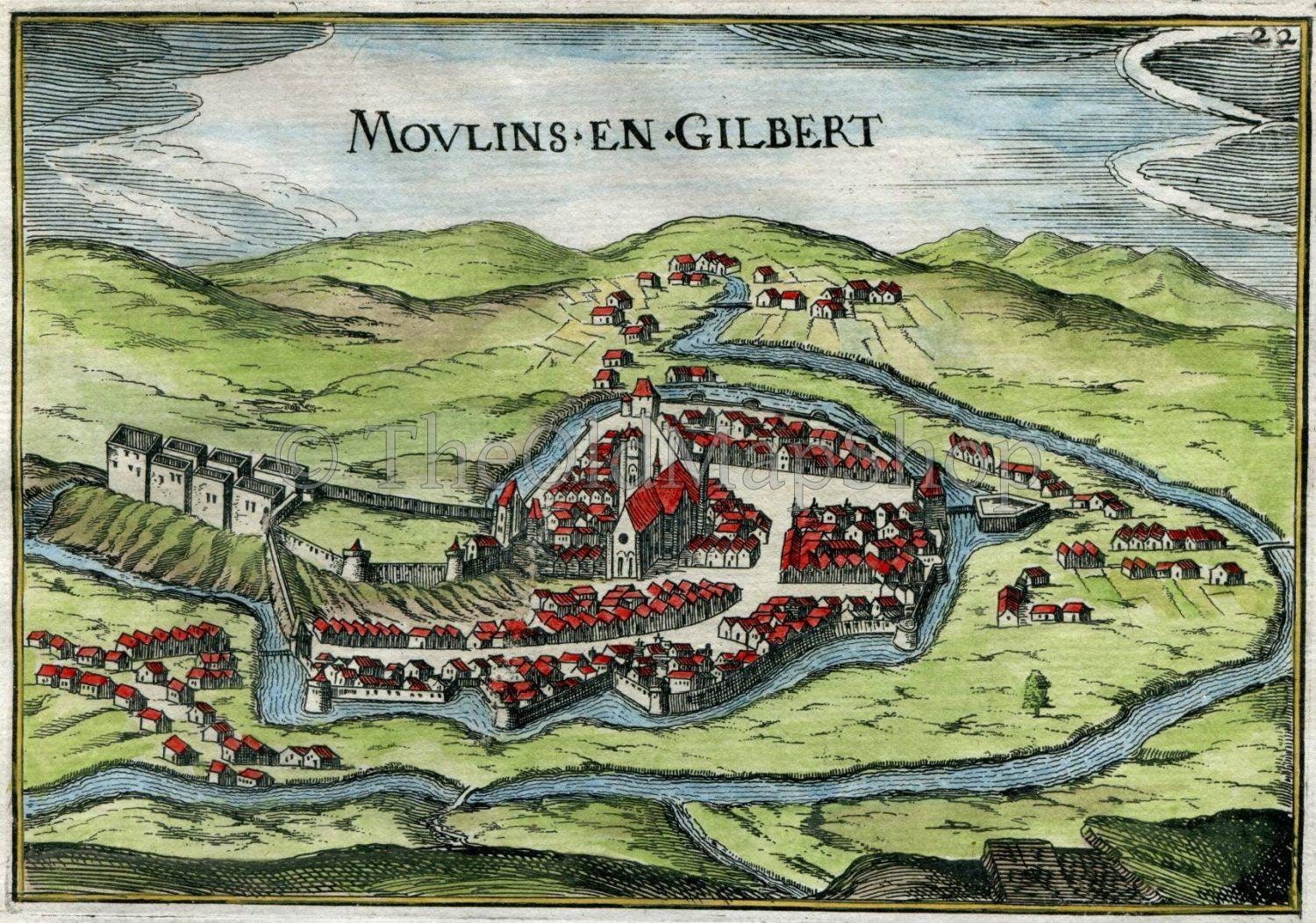 1634 Nicolas Tassin Antique Print, View Moulins-Engilbert, Nièvre, France Carte, Map