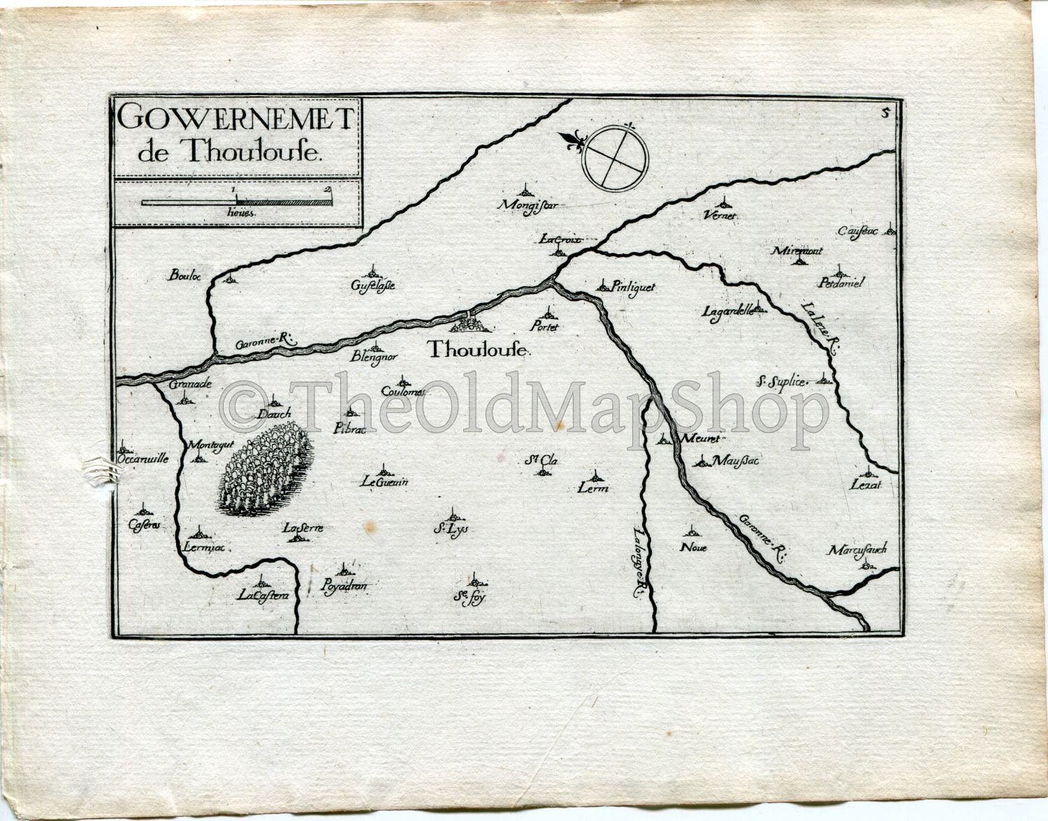 1634 Nicolas Tassin Antique Map, Toulouse, Mauzac, Noe, Lherm, Portet, Grenade, Bouloc, Haute-Garonne, France Carte, Print