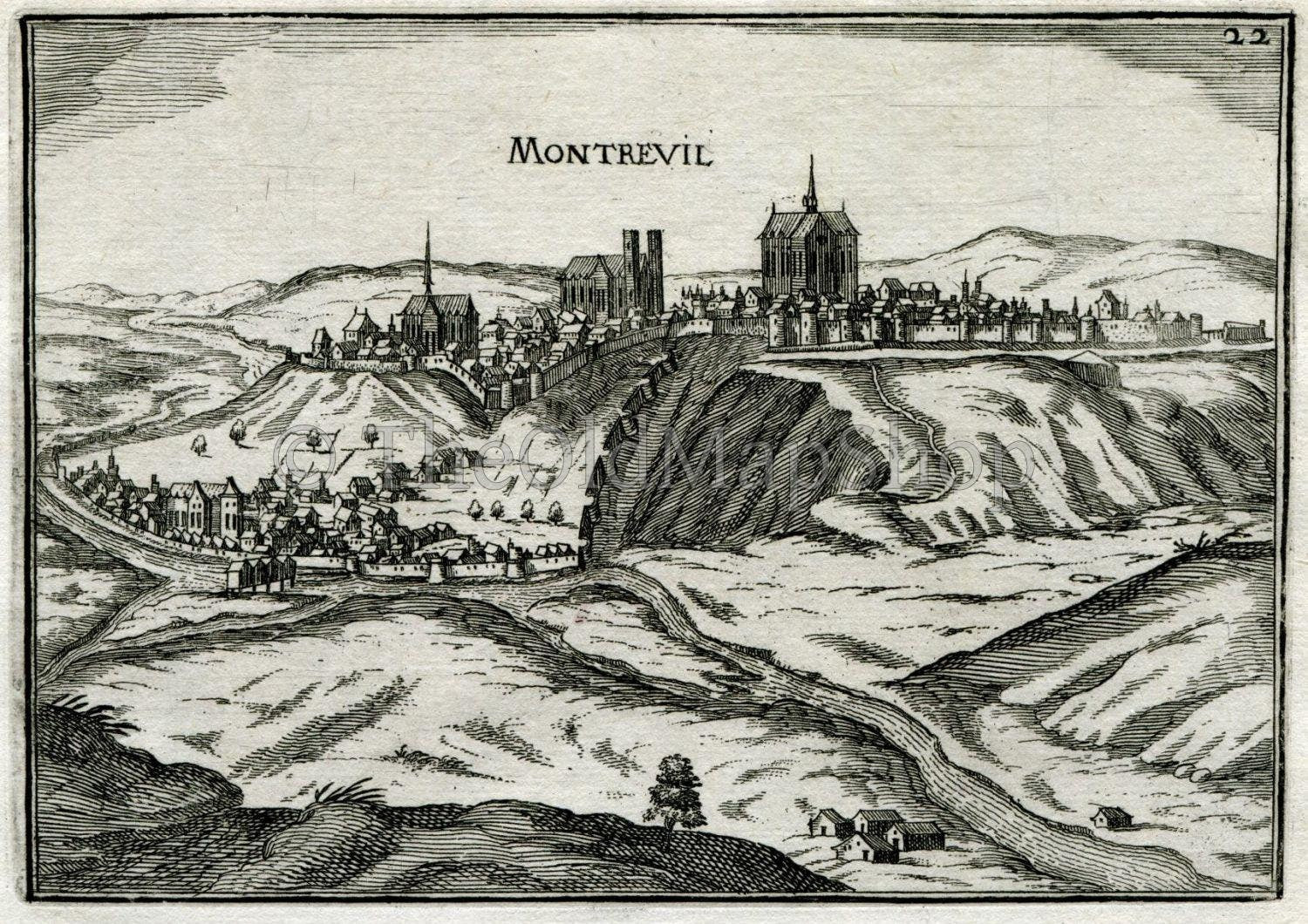1634 Nicolas Tassin Antique Print, View, Montreuil, Montreuil-sur-Mer, Pas-de-Calais, France Carte, Map