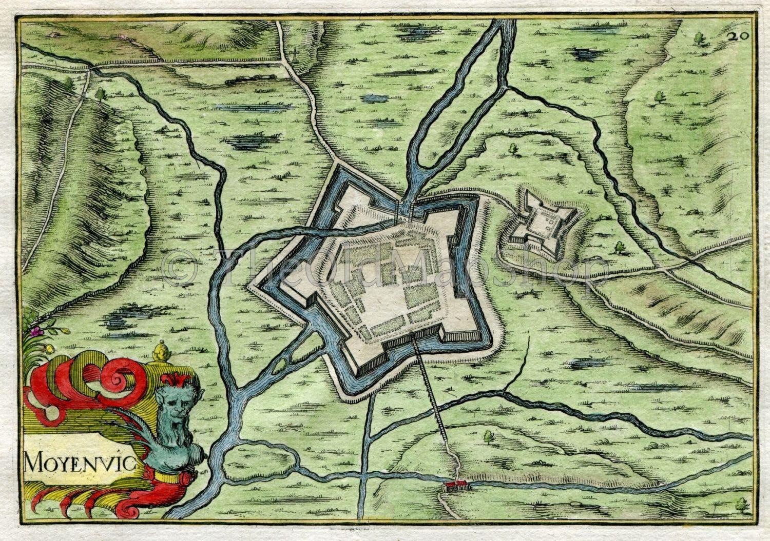 1634 Nicolas Tassin Antique Map Moyenvic, Fort, Fortified Town Plan, Moselle, France Carte, Print