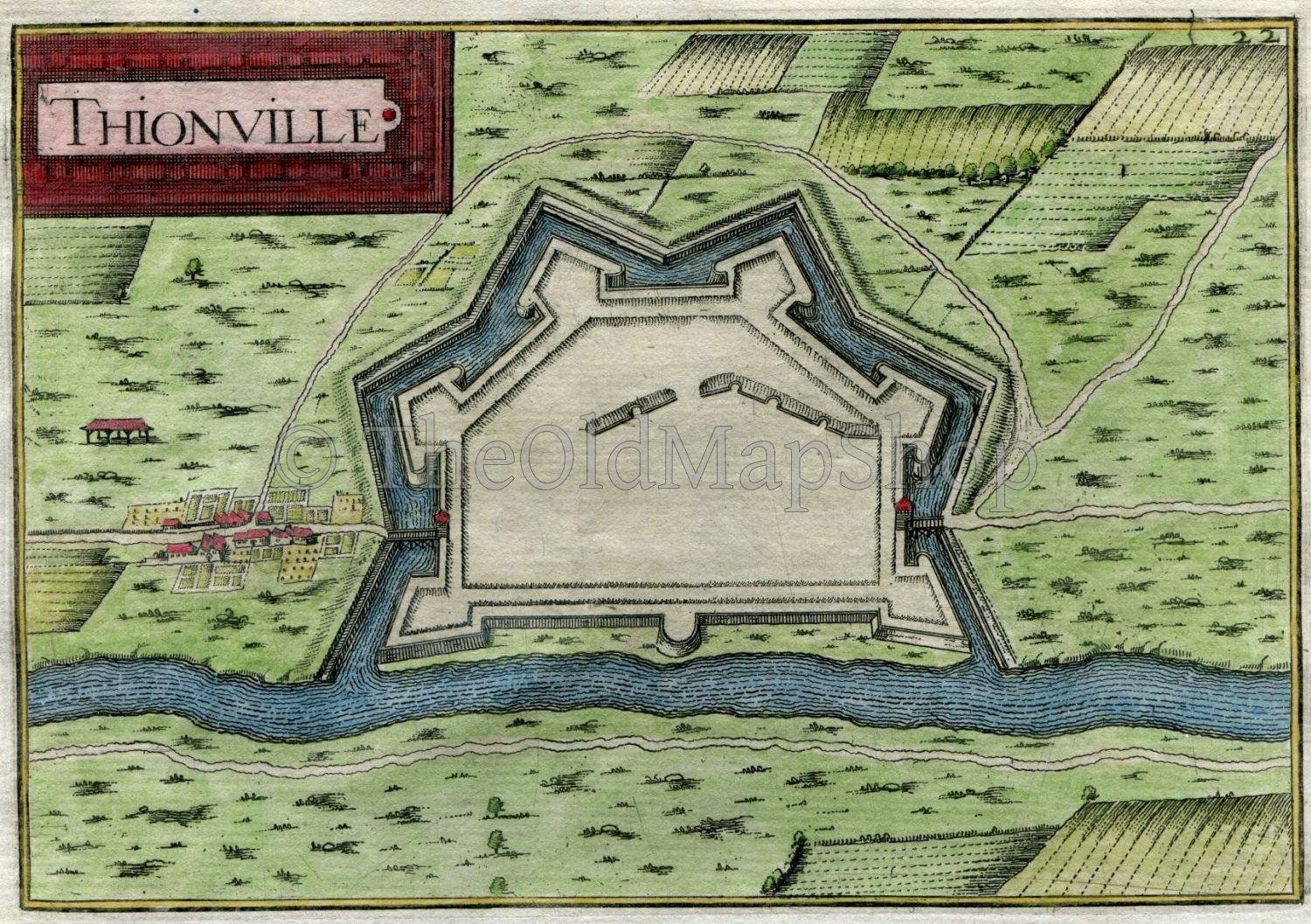 1634 Nicolas Tassin Antique Map Thionville, Fort, Fortified Town Plan, Moselle, France Carte, Print