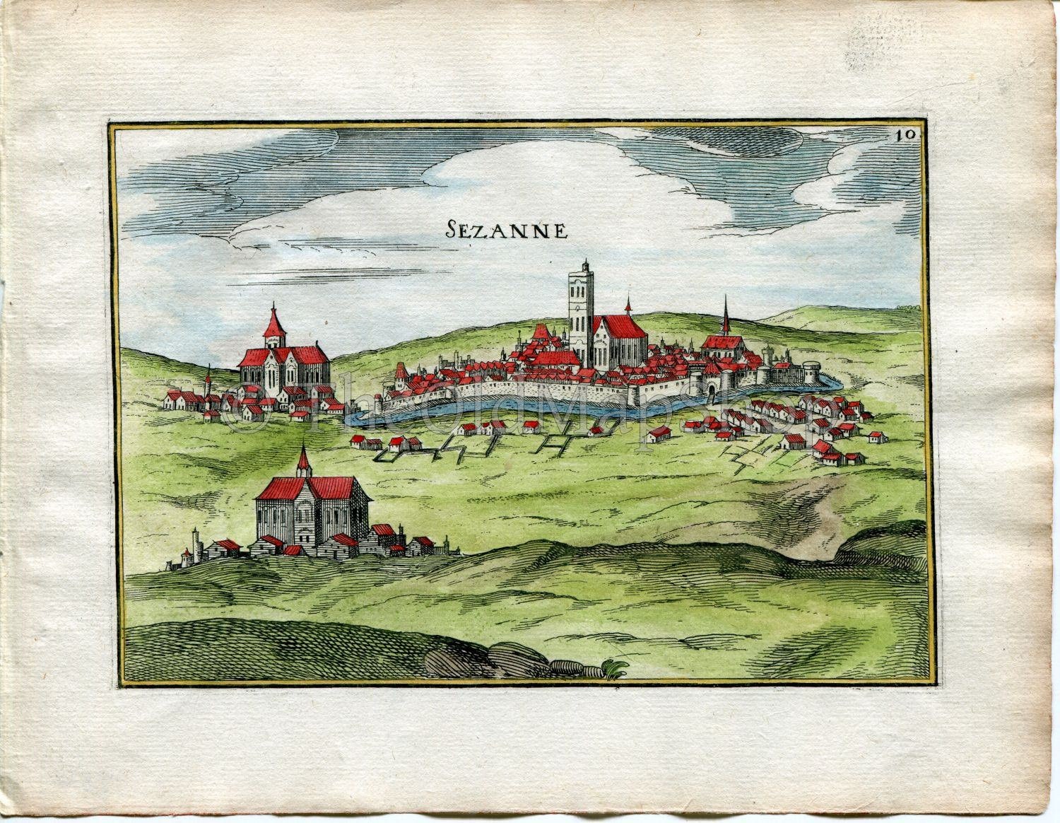 1634 Nicolas Tassin Antique Print, Bird's-eye View Sezanne, Marne, France Carte, Map
