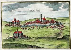 1634 Nicolas Tassin Antique Print, Bird's-eye View Sezanne, Marne, France Carte, Map