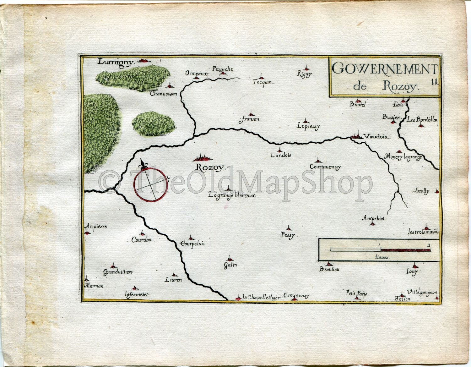 1634 Nicolas Tassin Antique Map Rozay-en-Brie, Courpalay, Gastins, Pecy, Mormant, Vaudoy-en-Brie, Touquin, Seine-et-Marne France Carte Print