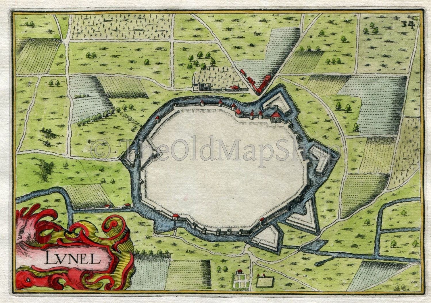 1634 Nicolas Tassin Antique Map Lunel, Fort, Fortified Town Plan, Herault, France Carte, Print
