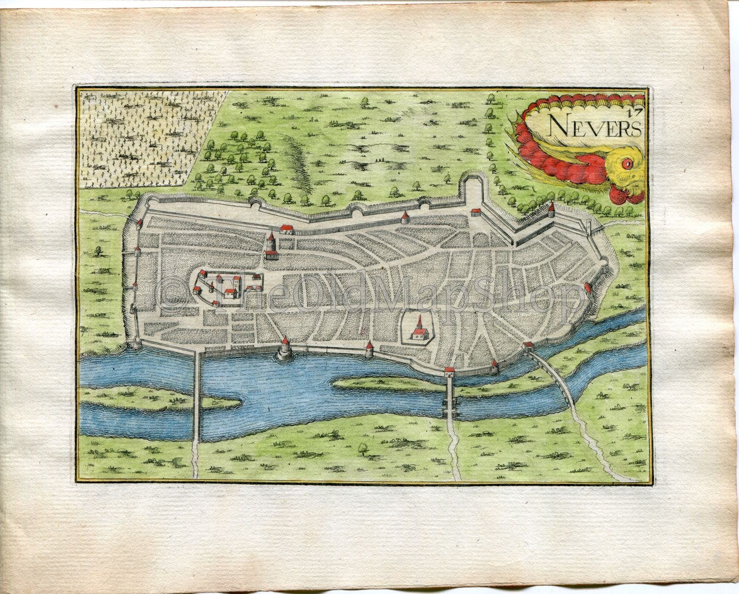 1634 Nicolas Tassin Antique Map Nevers, Fort, Fortified Town Plan, Nievre, Bourgogne-Franche-Comte, France Carte, Print