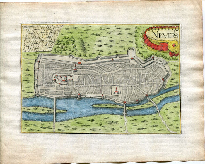 1634 Nicolas Tassin Antique Map Nevers, Fort, Fortified Town Plan, Nievre, Bourgogne-Franche-Comte, France Carte, Print